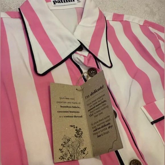 NWT Patiini Matching Pink/White Striped Pajama Set with Eye Mask Womens Size M - Picture 8 of 8